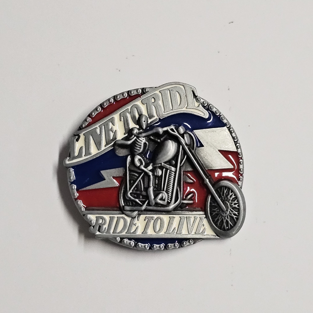 “Live to Ride, Ride to Live” Motorcycle Belt Buckle – Skeleton Rider – RAGE
